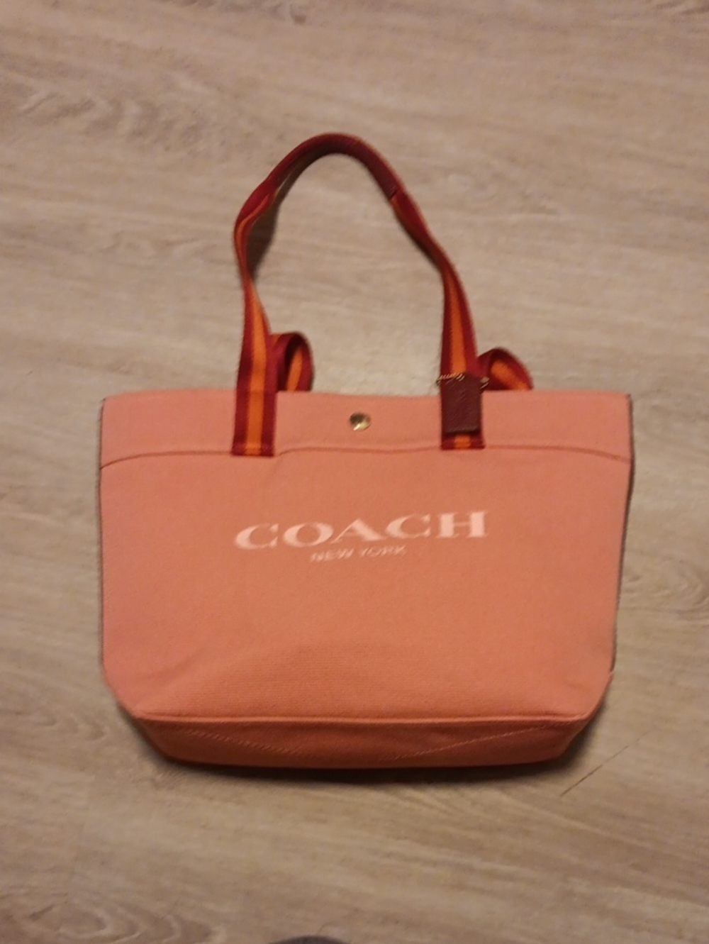 Coach Coral Canvas Tote with Striped Handles